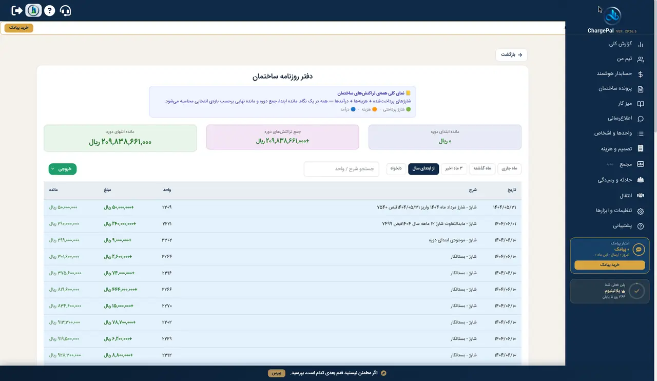 گردش وجوه ساختمان در پنل شارژپال (ساختمان نمایشی)