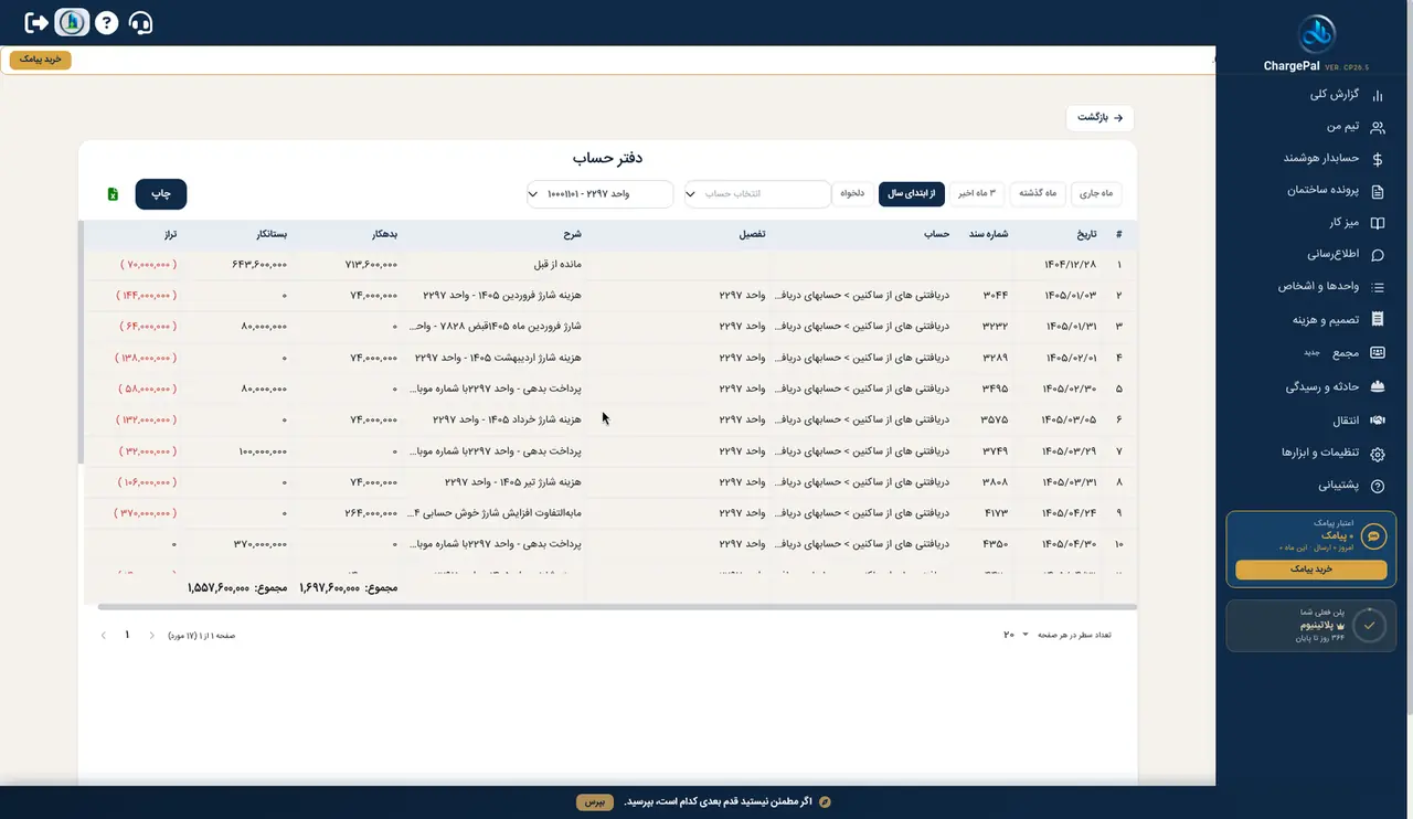 دفتر حساب در پنل شارژپال (ساختمان نمایشی)