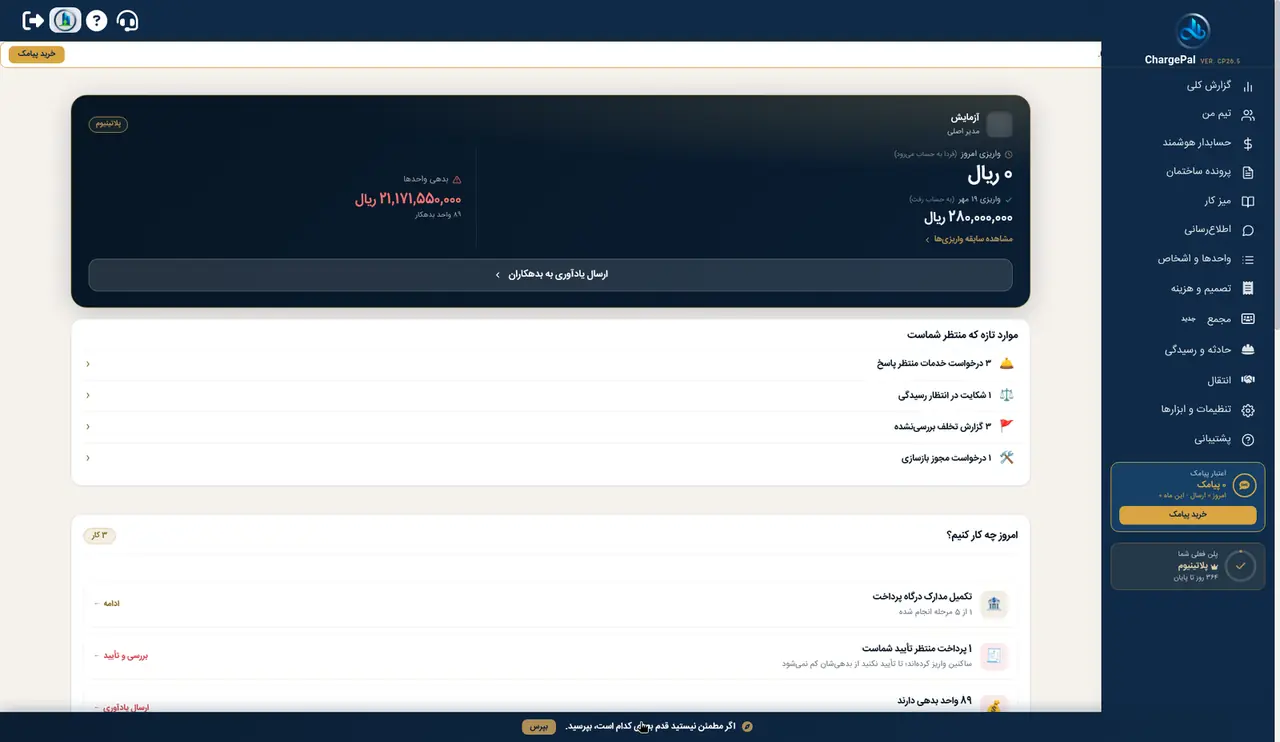 گزارش کلی، تیم من و واحدها در پنل شارژپال