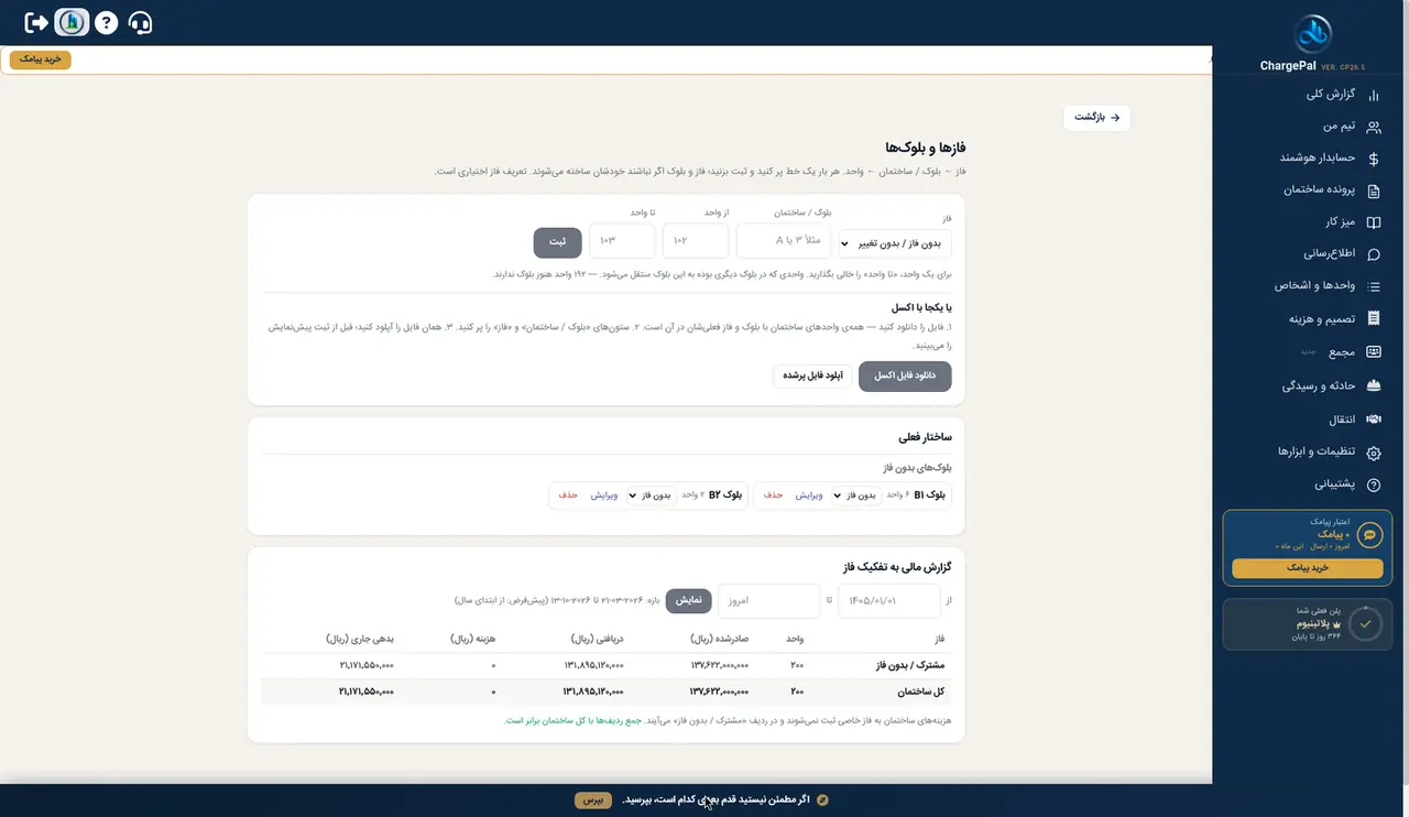 فازها و بلوک‌ها در پنل شارژپال (ساختمان نمایشی)