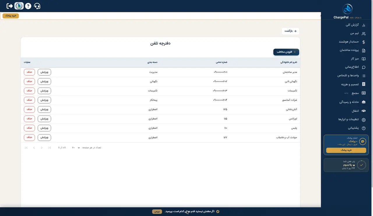 دفترچه تماس در پنل شارژپال (ساختمان نمایشی)